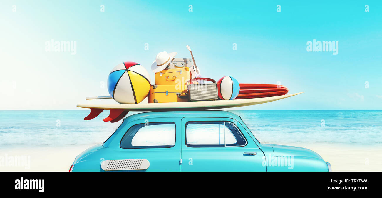 Small retro car with baggage, luggage and beach equipment on the roof, fully packed, ready for summer vacation, concept of a road trip with family and Stock Photo