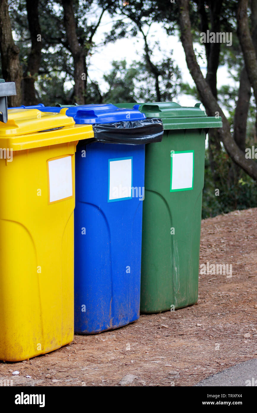 Trash can, garbage bin, recycling bin in tourist complex resort, waiting to be picked up by