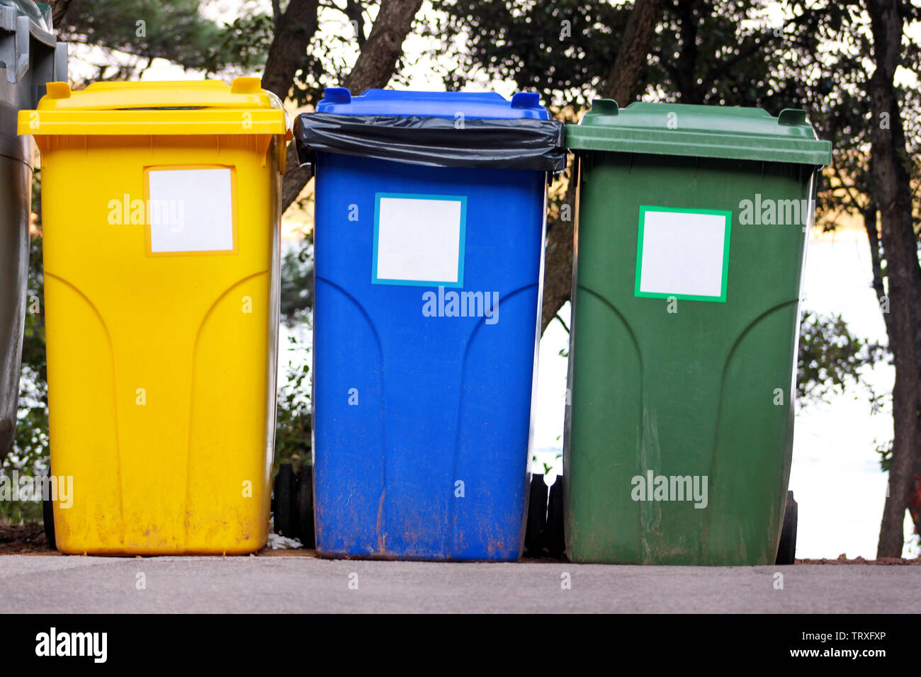 Trash can, garbage bin, recycling bin in tourist complex resort