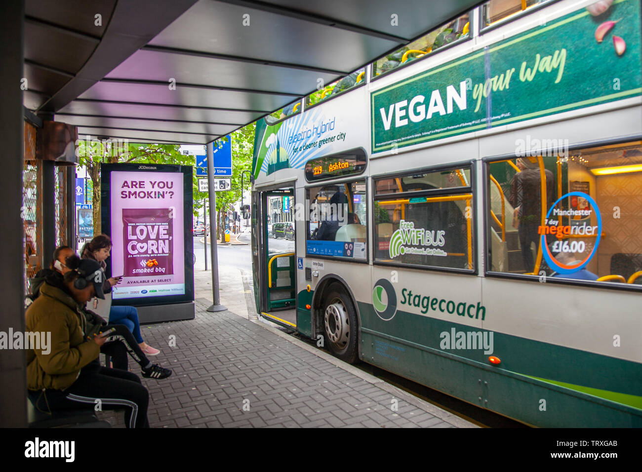 Subway go vegan advertising on Stagecoach PSV bus in Manchester, UK Stock Photo