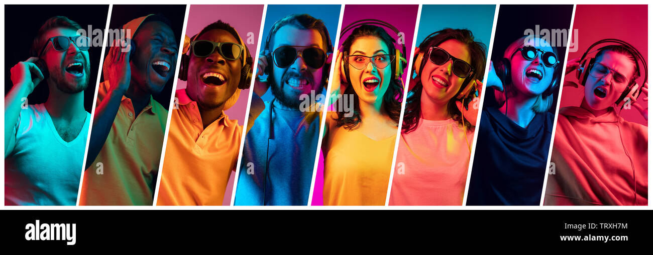 Beautiful female and male models on multicolored neon lights studio background. Facial expression, summer, resort, weekend concept. Trendy colors. Collage made of different photos of 6 models. Stock Photo