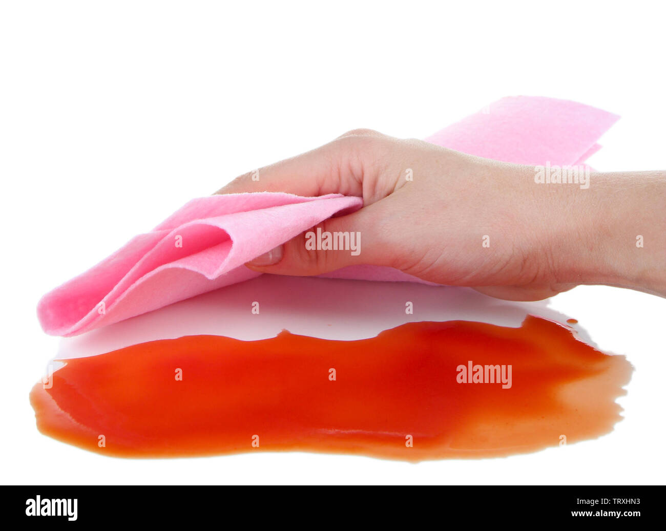 Hand wiping surface with pink rag isolated on white Stock Photo - Alamy