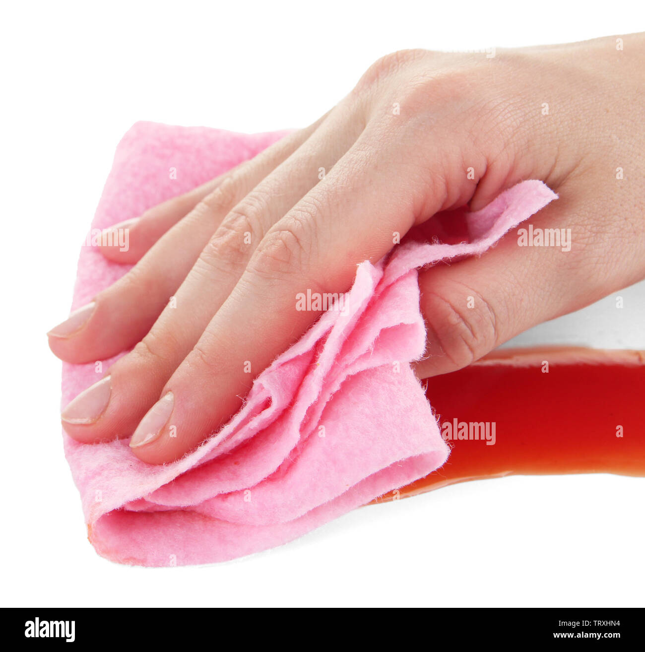 Hand wiping surface with pink rag isolated on white Stock Photo - Alamy