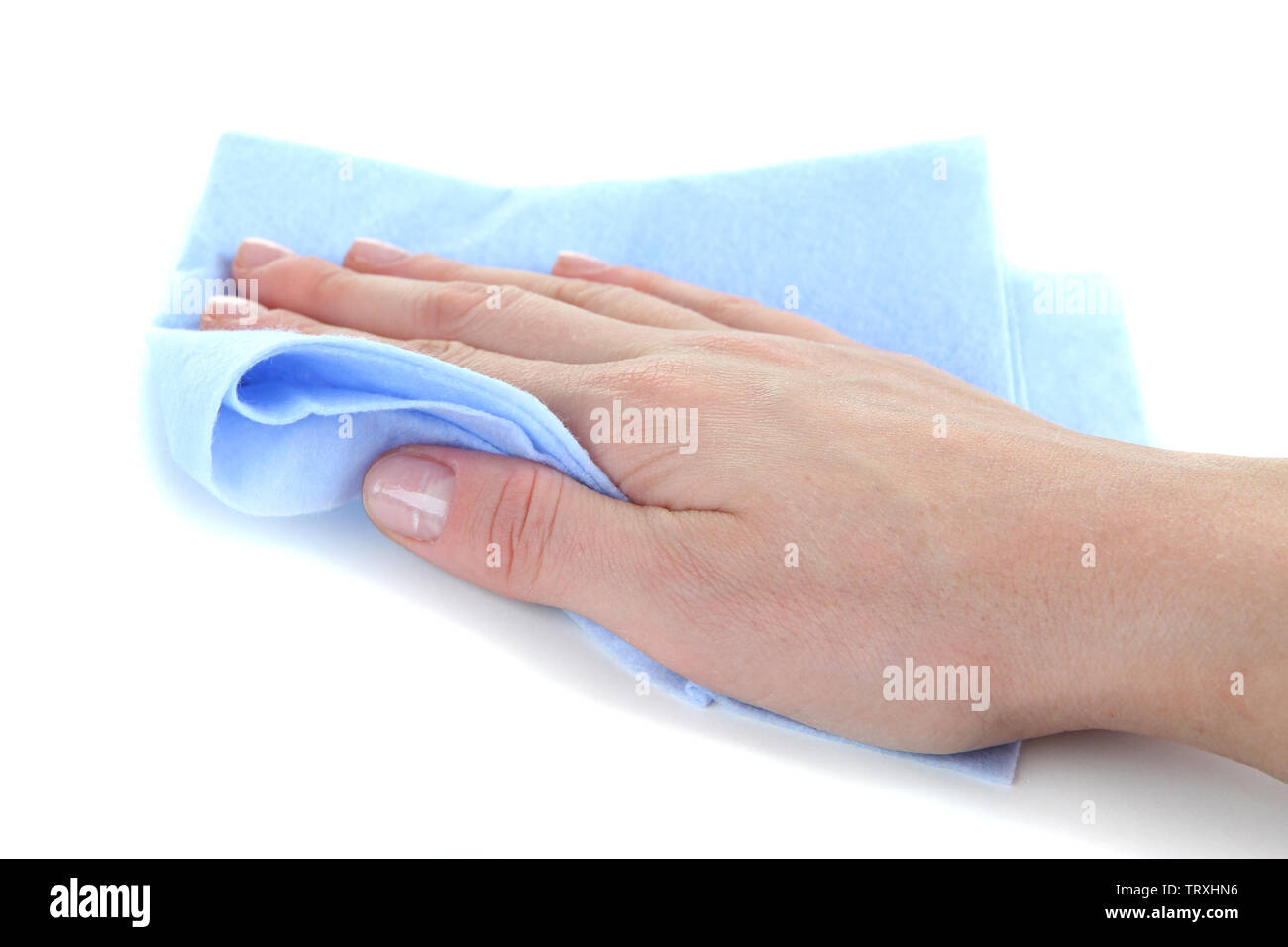 Hand wiping surface with blue rag isolated on white Stock Photo - Alamy