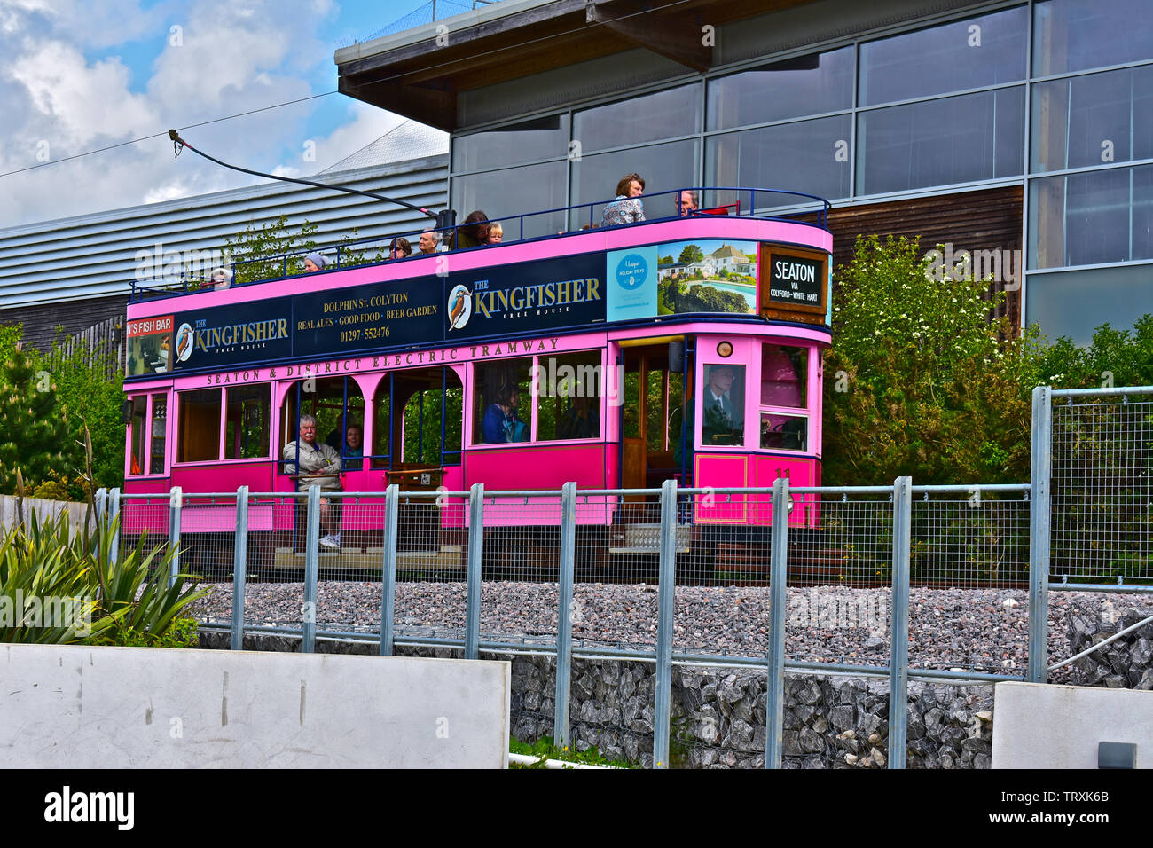 A pink tram approaches the new terminal building of the Seaton Electric Tramway,where vintage electric trams run to Colyton through the Axe valley. Stock Photo