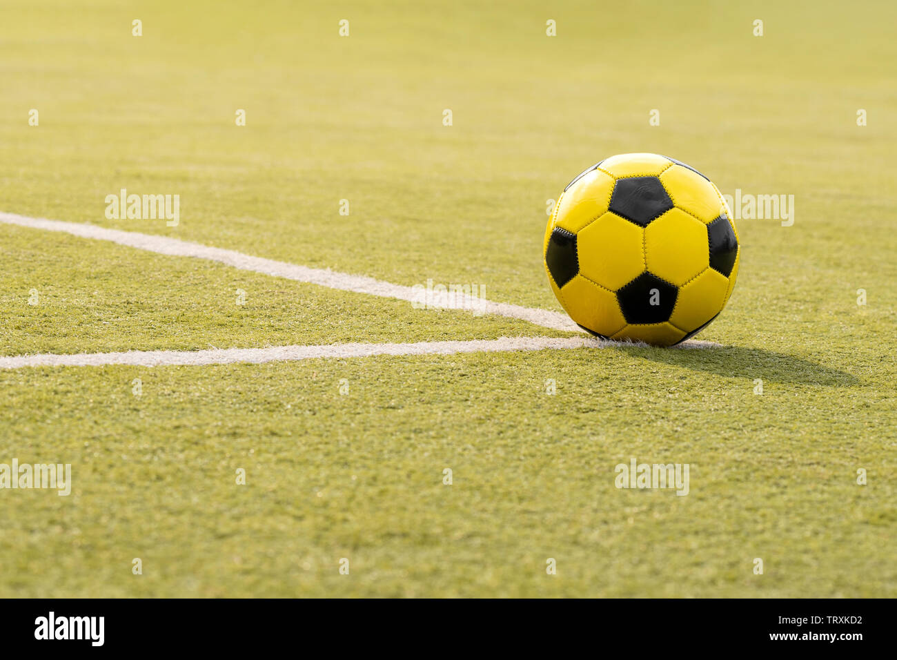 Soccer ball with line on artificial green turf soccer field Stock Photo