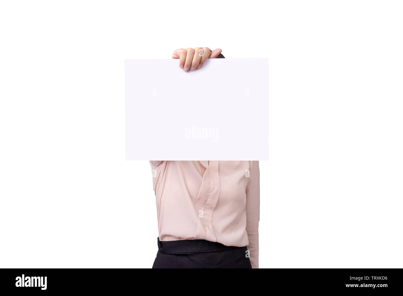 businesswoman holding blank white placard board paper sign with empty copy space isolated on white background with clipping path Stock Photo