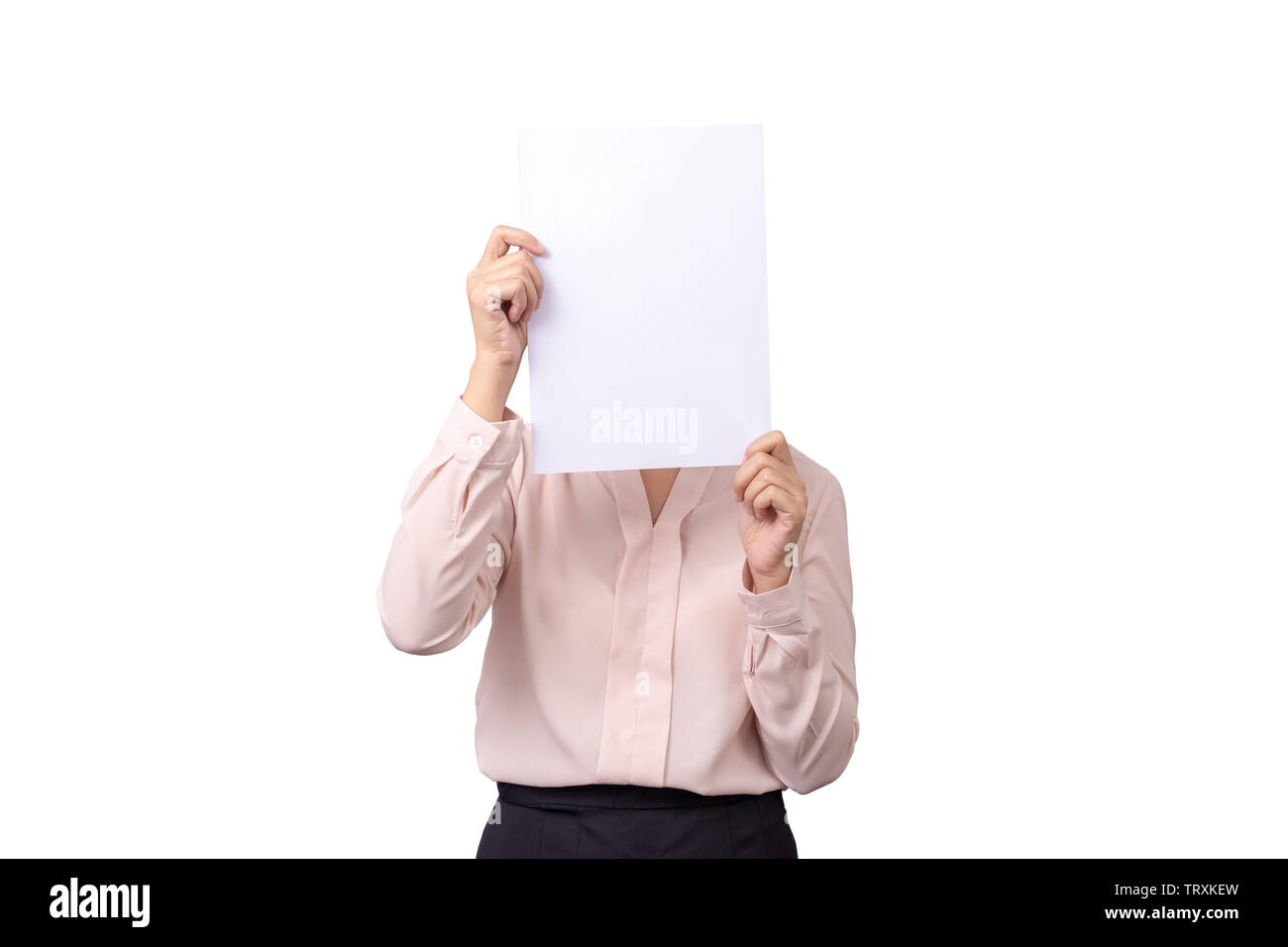 Asian business woman cover her face with blank empty white paper for hide emotion isolated on white background with clipping path Stock Photo