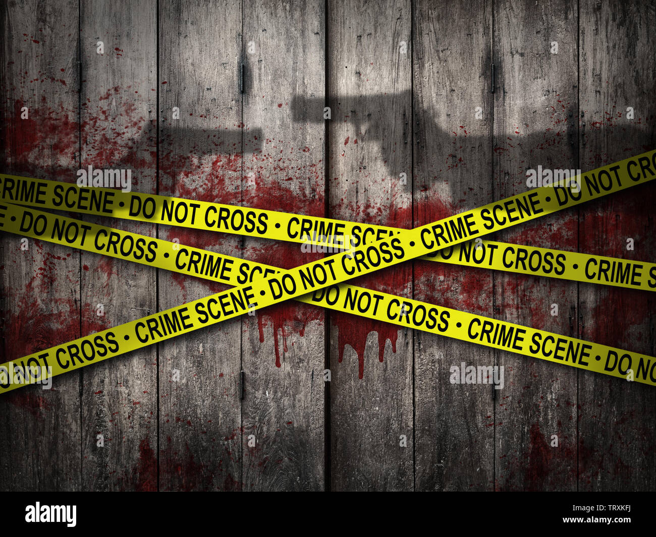 crime scene do not cross tape with bloody wall and shadow of handgun shooting background. horror theme Stock Photo