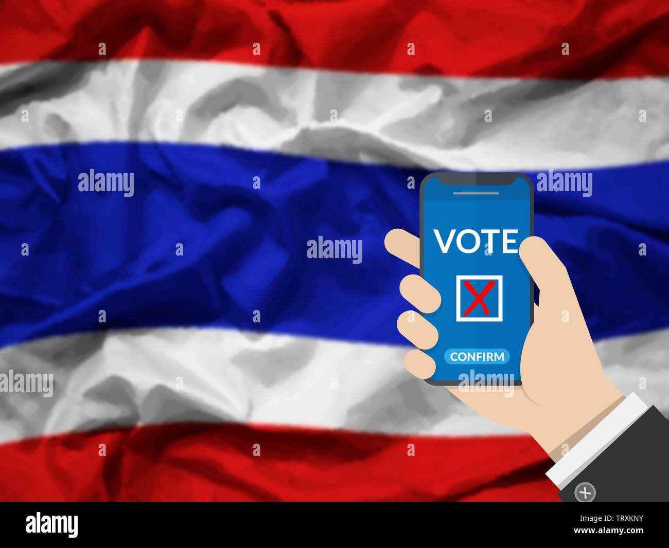 online vote , poll, exit poll for Thailand general election concept. hand holding phone and confirm vote via mobile phone casting a ballot at election Stock Photo