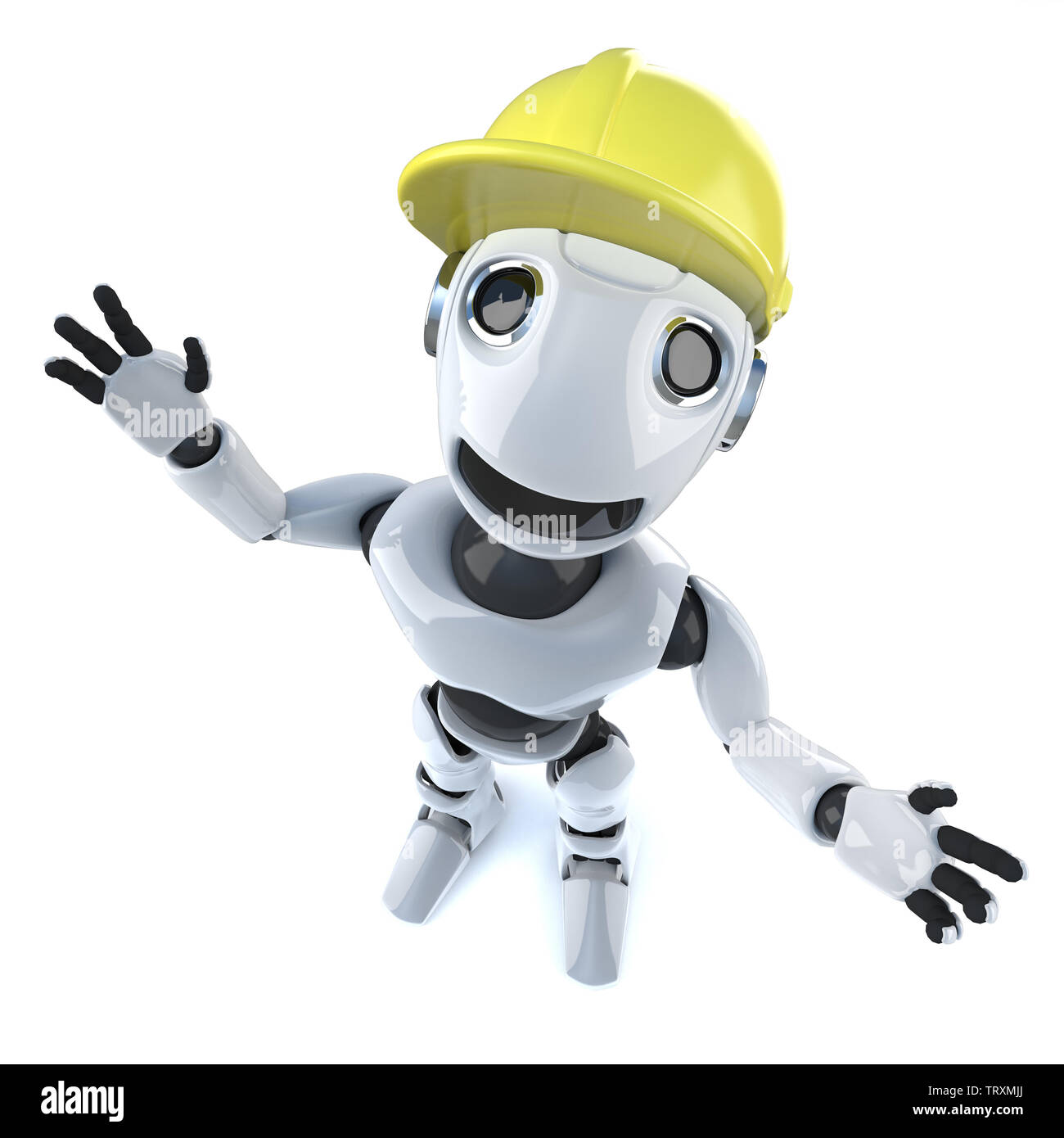3d render of a funny cartoon mechanical robot characte wearing a builders hard hat Stock Photo