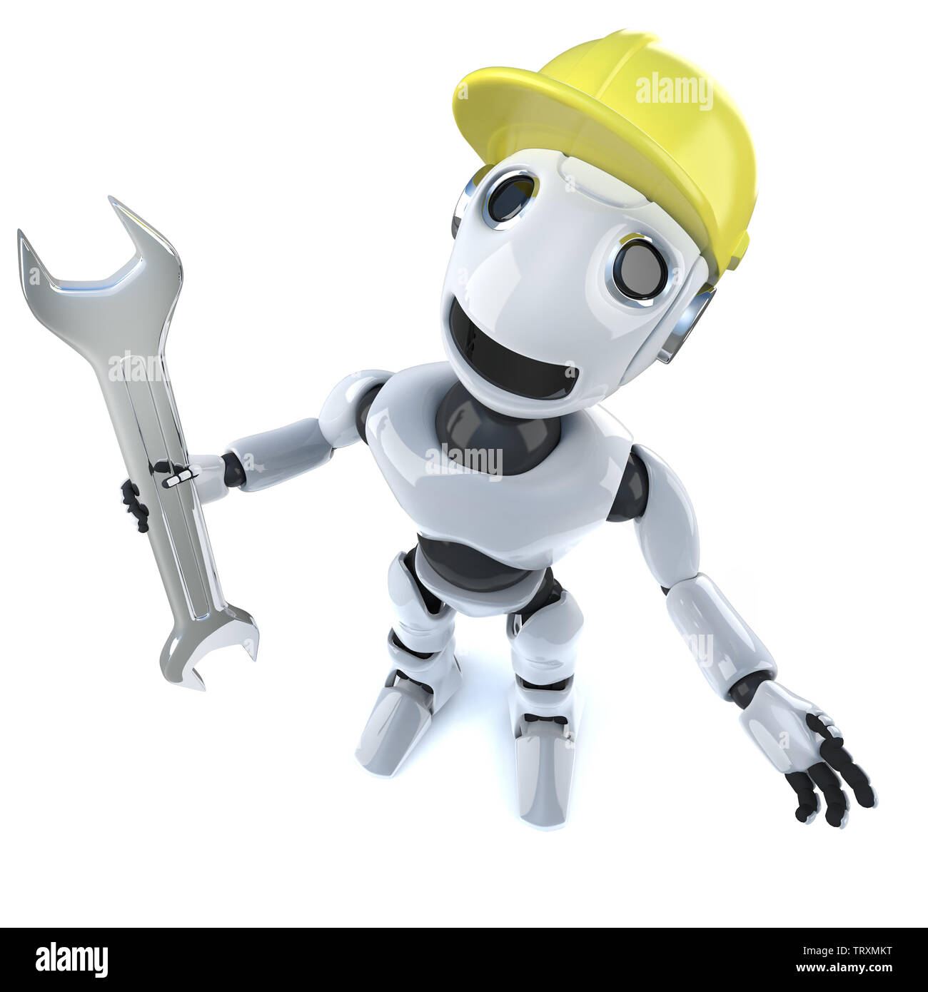 3d render of a funny cartoon robot character holding a spanner and wearing a hard hat Stock Photo