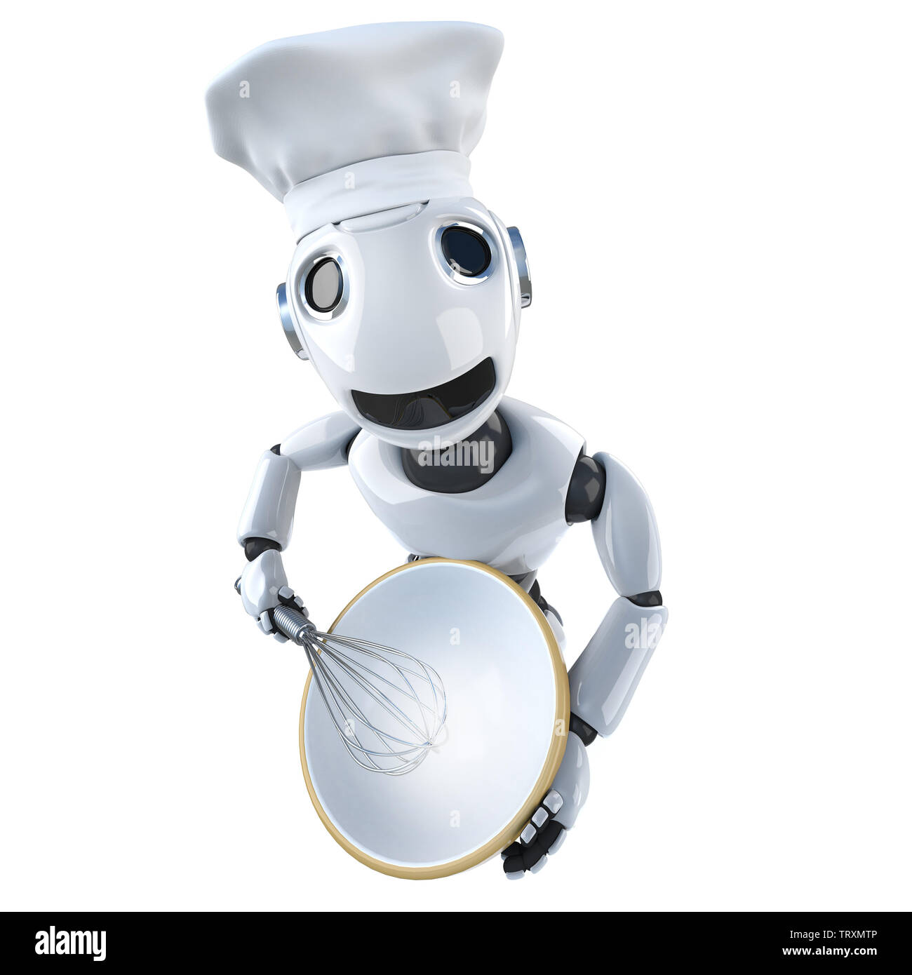3d render of a funny cartoon mechanical robot character baking a cake in a chefs hat Stock Photo