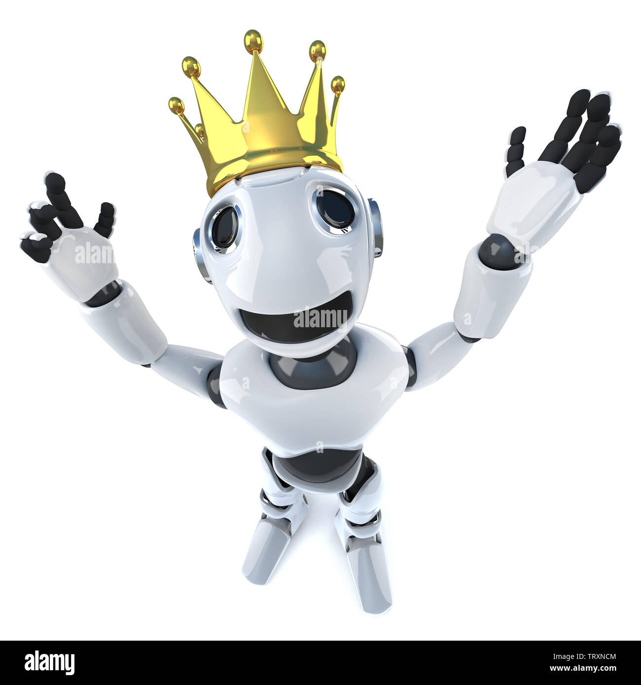 3d render of a funny cartoon robot character wearing a royal gold crown of success Stock Photo