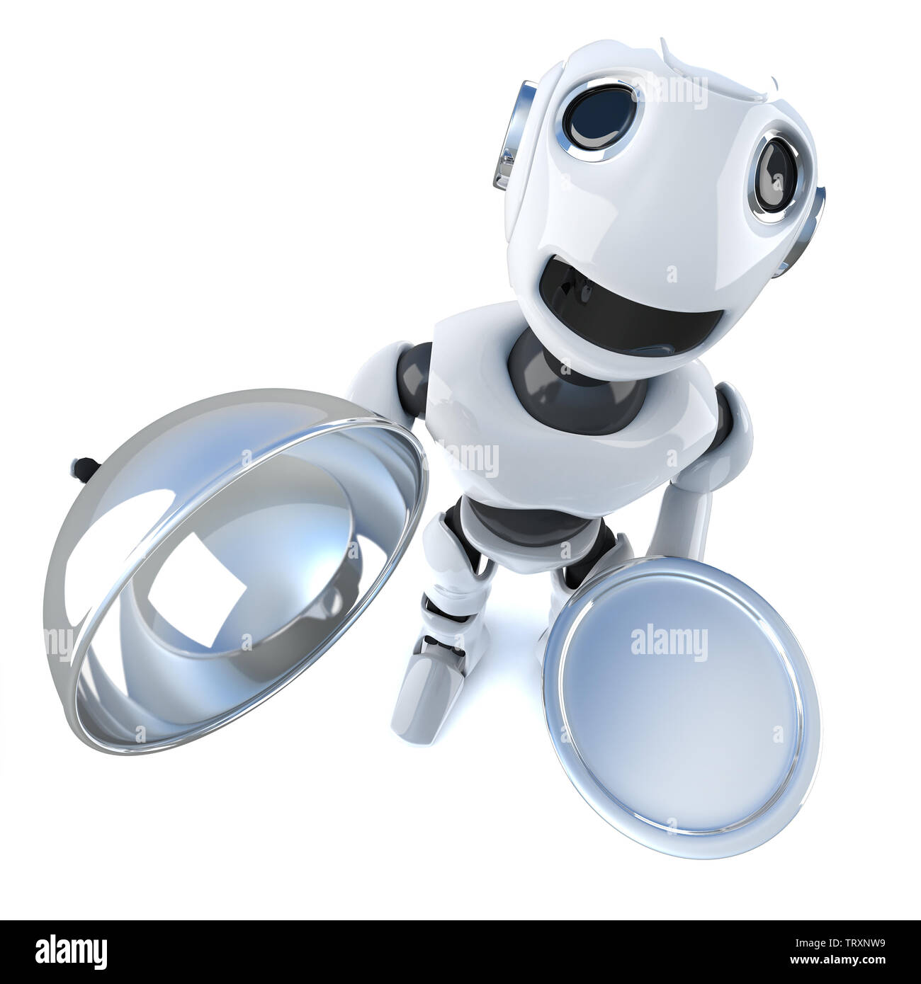 3d render of a funny cartoon robot character holding a silver service VIP tray and lid Stock Photo