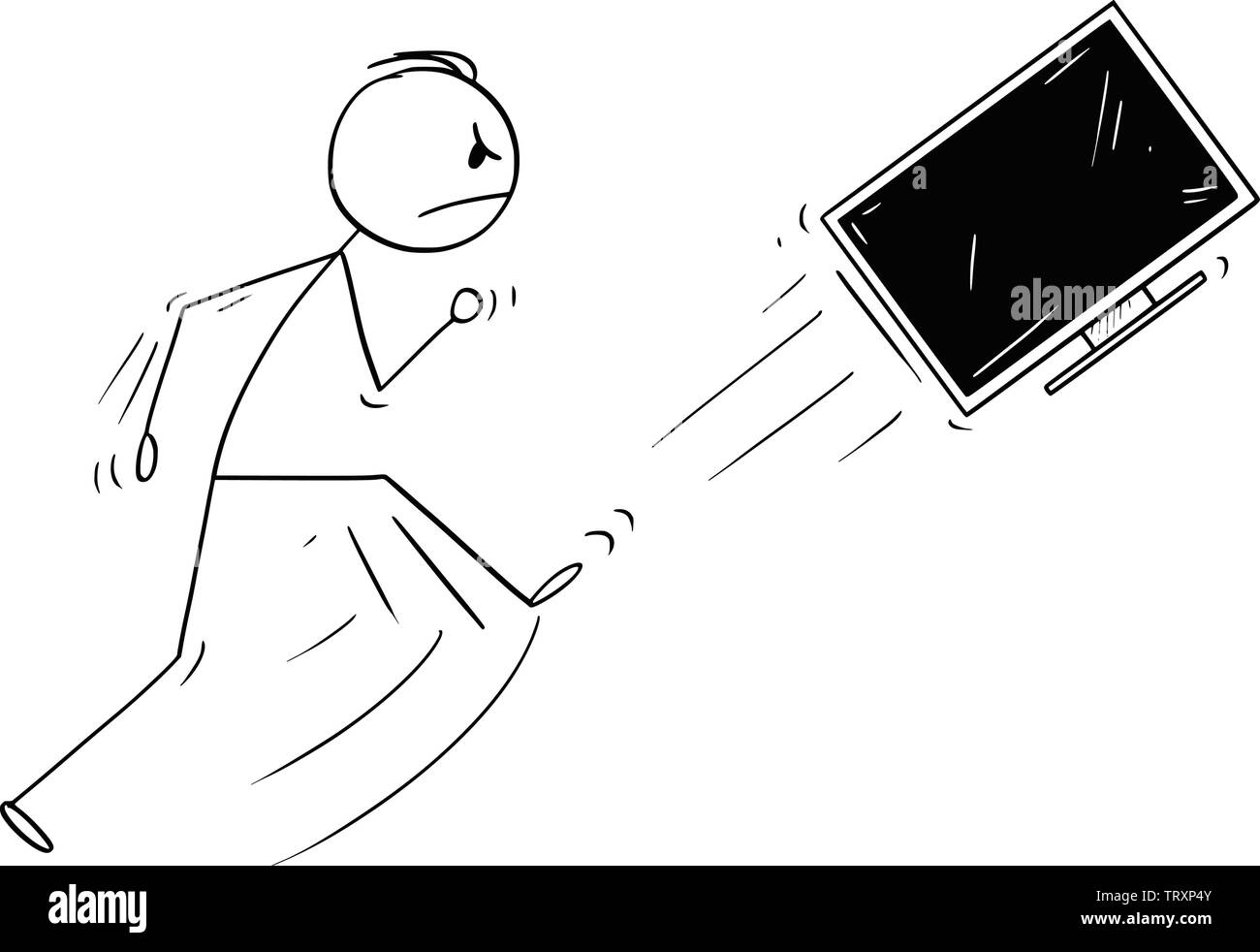 Vector cartoon stick figure drawing conceptual illustration of angry man kicking out the TV, television or computer monitor or screen. Broken technology concept. Stock Vector
