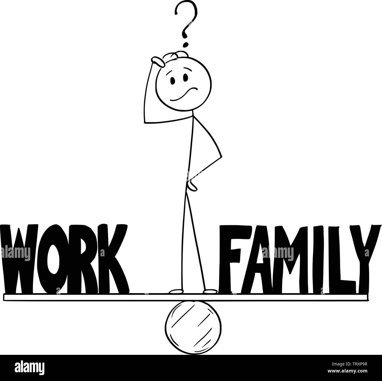 Vector cartoon stick figure drawing conceptual illustration of man or businessman thinking and standing on seesaw and balancing time between work and family. Stock Vector
