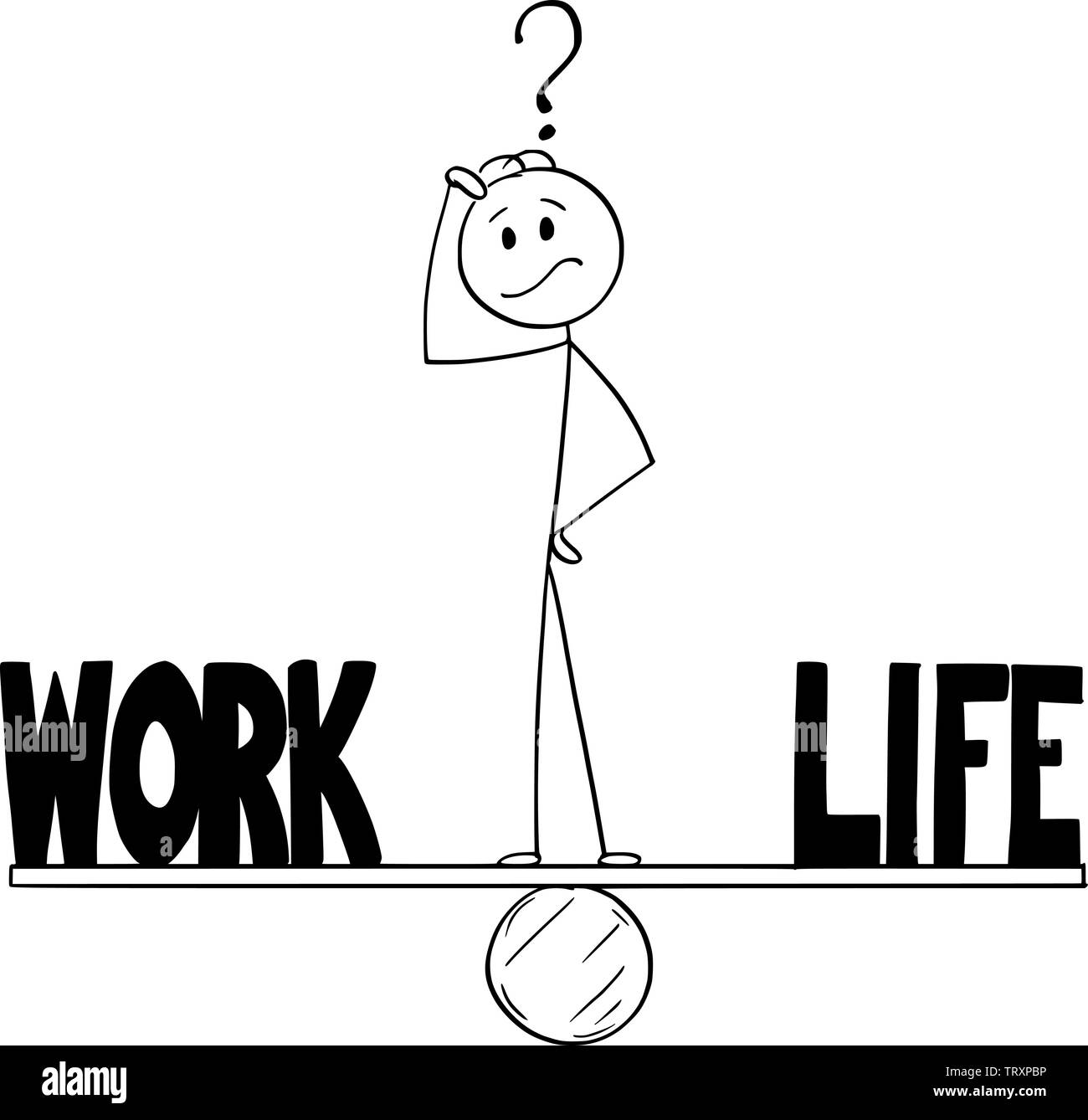 Vector cartoon stick figure drawing conceptual illustration of man or businessman thinking and standing on seesaw and balancing time between work and life. Stock Vector