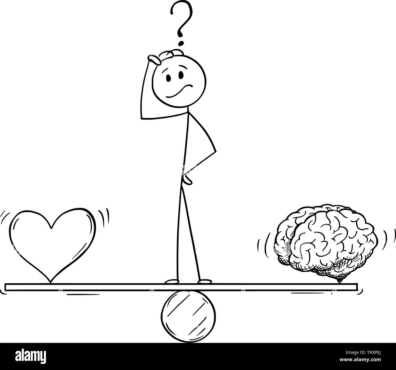 Vector cartoon stick figure drawing conceptual illustration of man or businessman thinking and standing on seesaw and balancing heart and brain as emotion and logic metaphor. Stock Vector