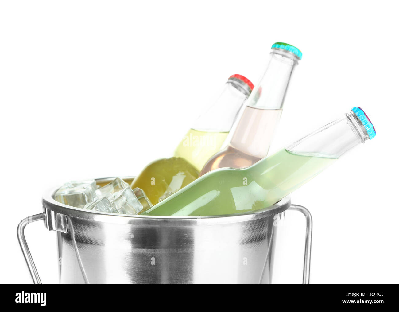 Bottled drinks in ice bucket isolated on white Stock Photo Alamy