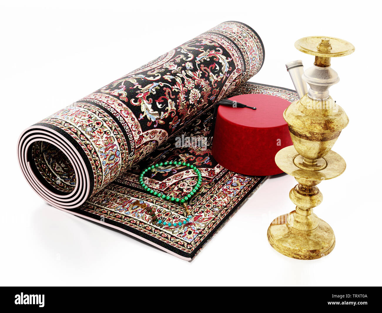 Red fez, carpet, prayer beads and hookah. 3D illustration Stock Photo