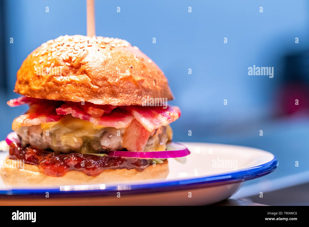 The Pig & Apple Burger at The Pig & Apple cafe. The cafe is based at Humble by Nature, Monmouthshire, Wales. Stock Photo