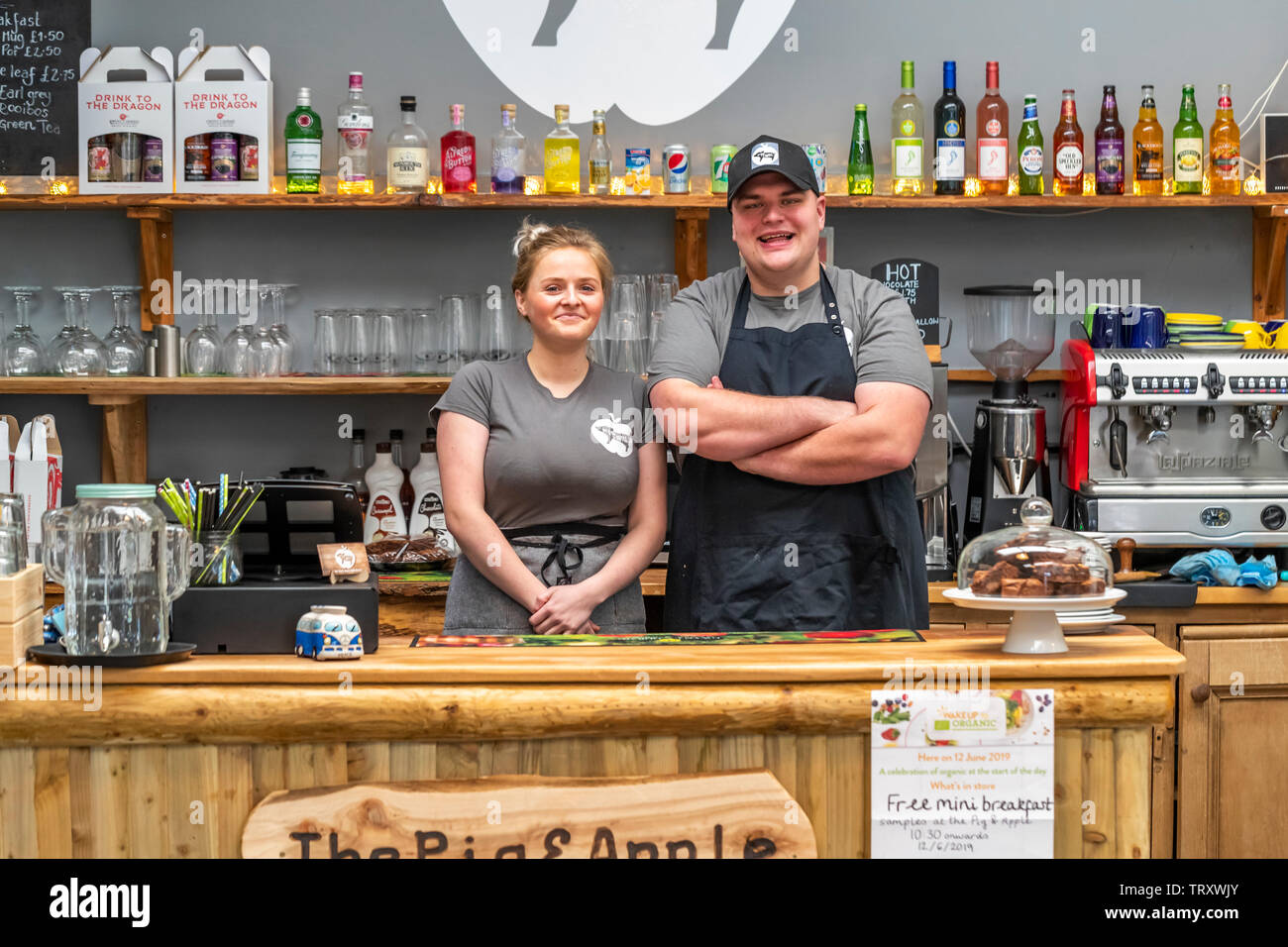 Jess and Jake young business owners  at The Pig & Apple cafe. The cafe is based at Humble by Nature, Monmouthshire, Wales. Stock Photo