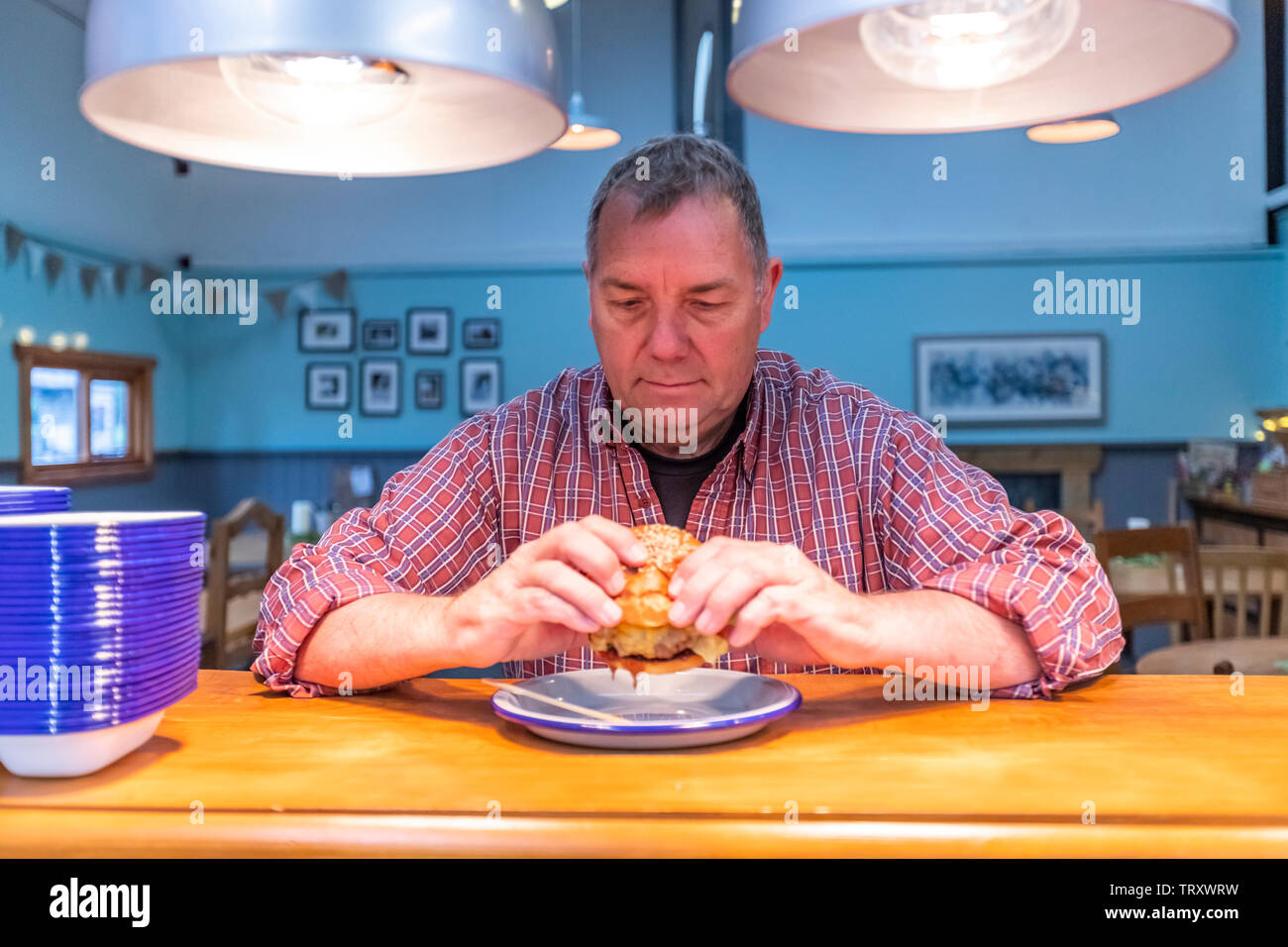 A man in a check shirt enjoys the signature burger at The Pig & Apple cafe. The cafe is based at Humble by Nature, Monmouthshire, Wales. Stock Photo