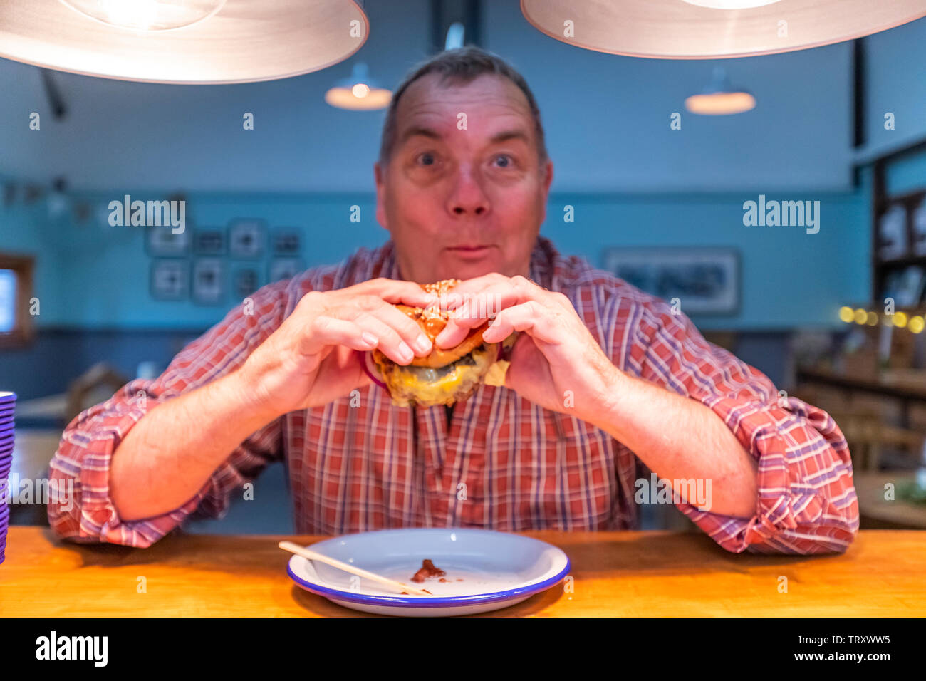 A man in a check shirt enjoys the signature burger at The Pig & Apple cafe. The cafe is based at Humble by Nature, Monmouthshire, Wales. Stock Photo