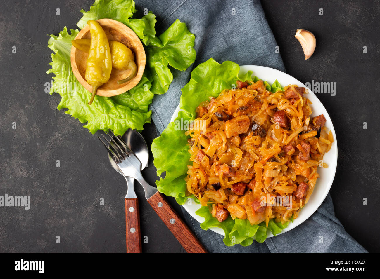 Traditional dish of polish cuisine Bigos from fresh cabbage, meat and