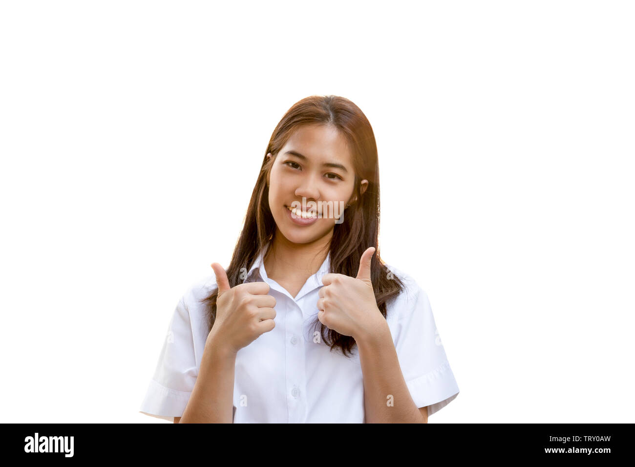 Portrait of smiling student university uniform with thumb up isolated ...