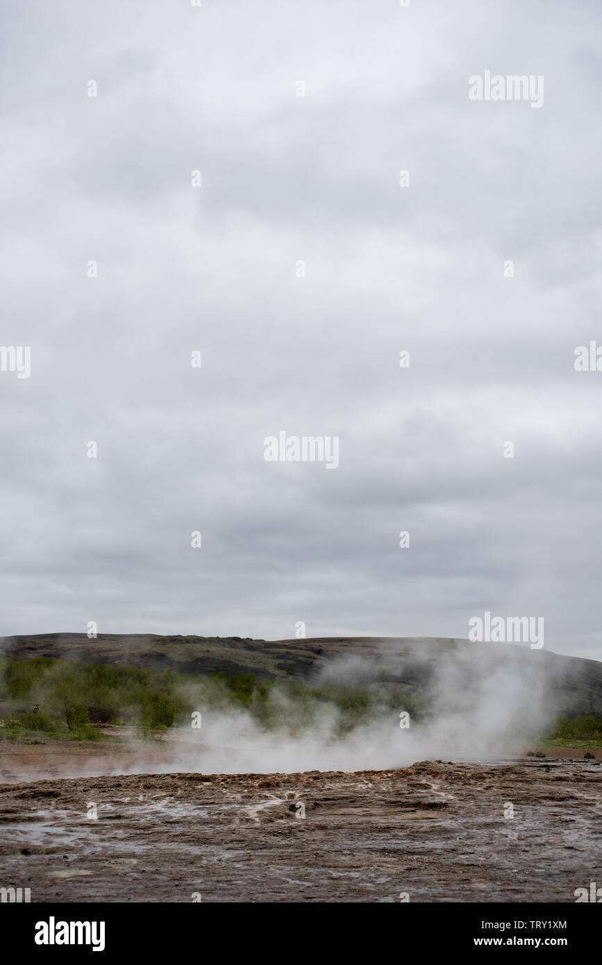 Geothermal active zone in Hveragerdi, Iceland with volcanic hot spring, fumarola Stock Photo