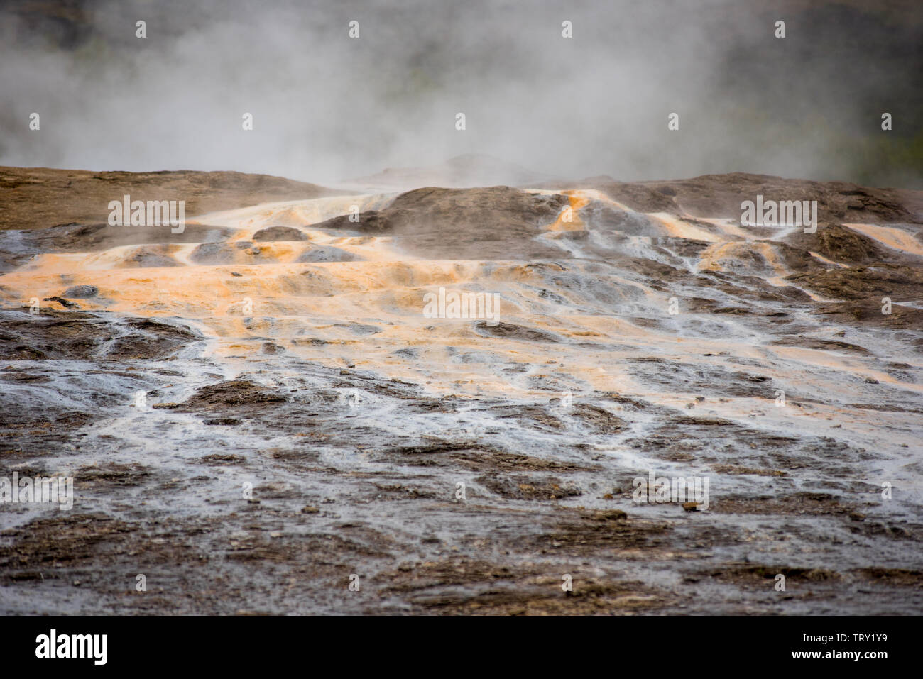 Geothermal active zone in Hveragerdi, Iceland with volcanic hot spring, fumarola Stock Photo