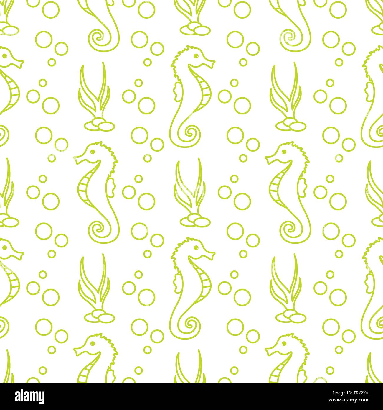 Vector seamless pattern with sea horses, underwater plants and bubbles ...