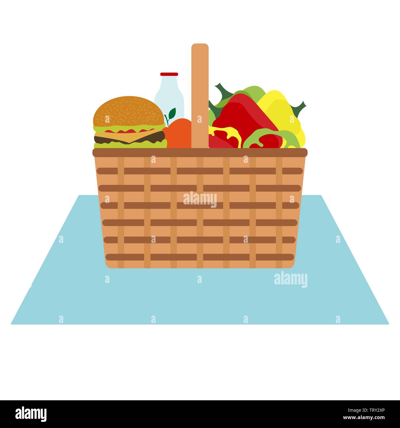 Vector illustration with wicker picnic basket with food and drink ...