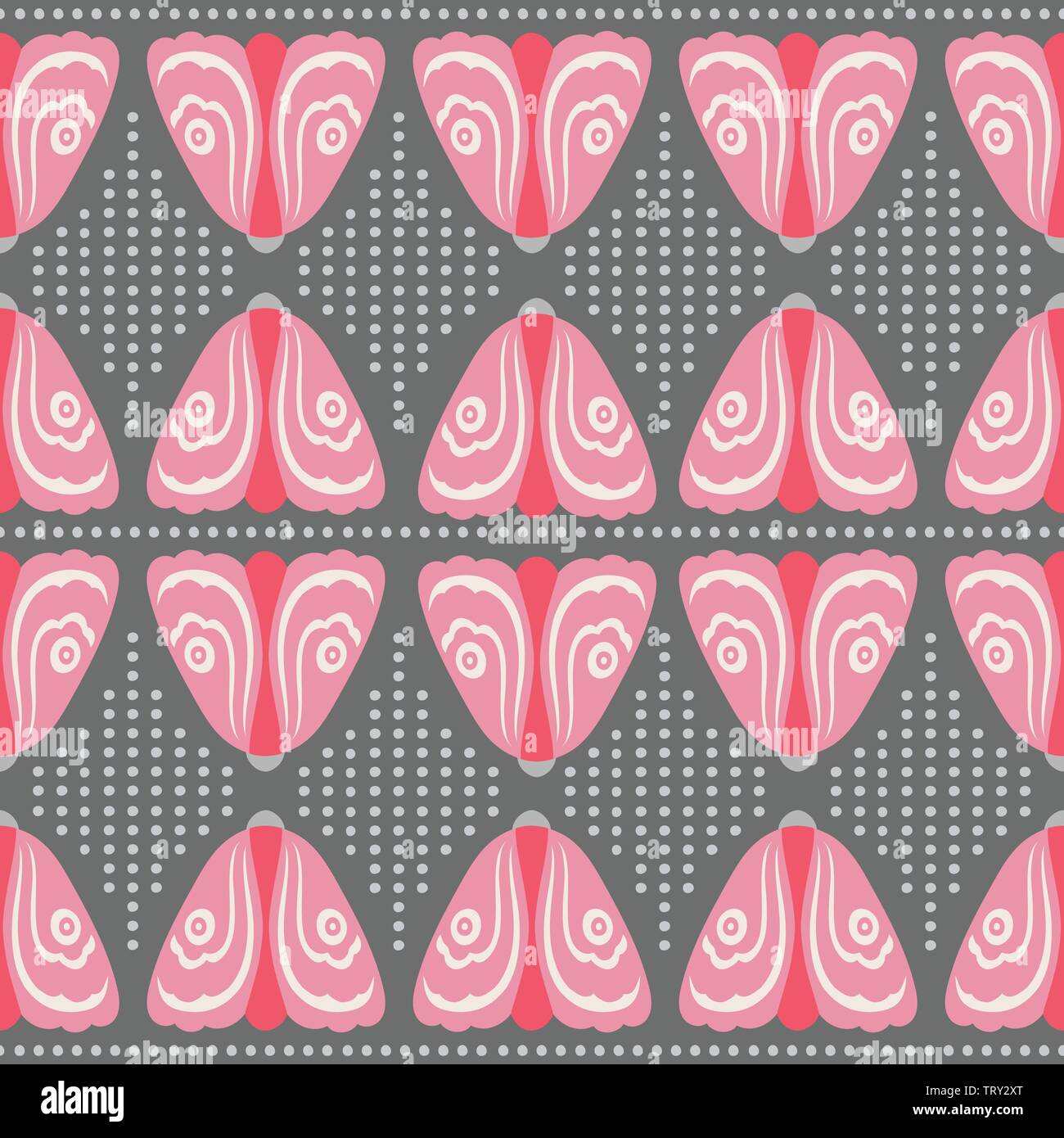 Seamless pink moth and dot repeat pattern background. A decorative geometric vector design. Stock Vector