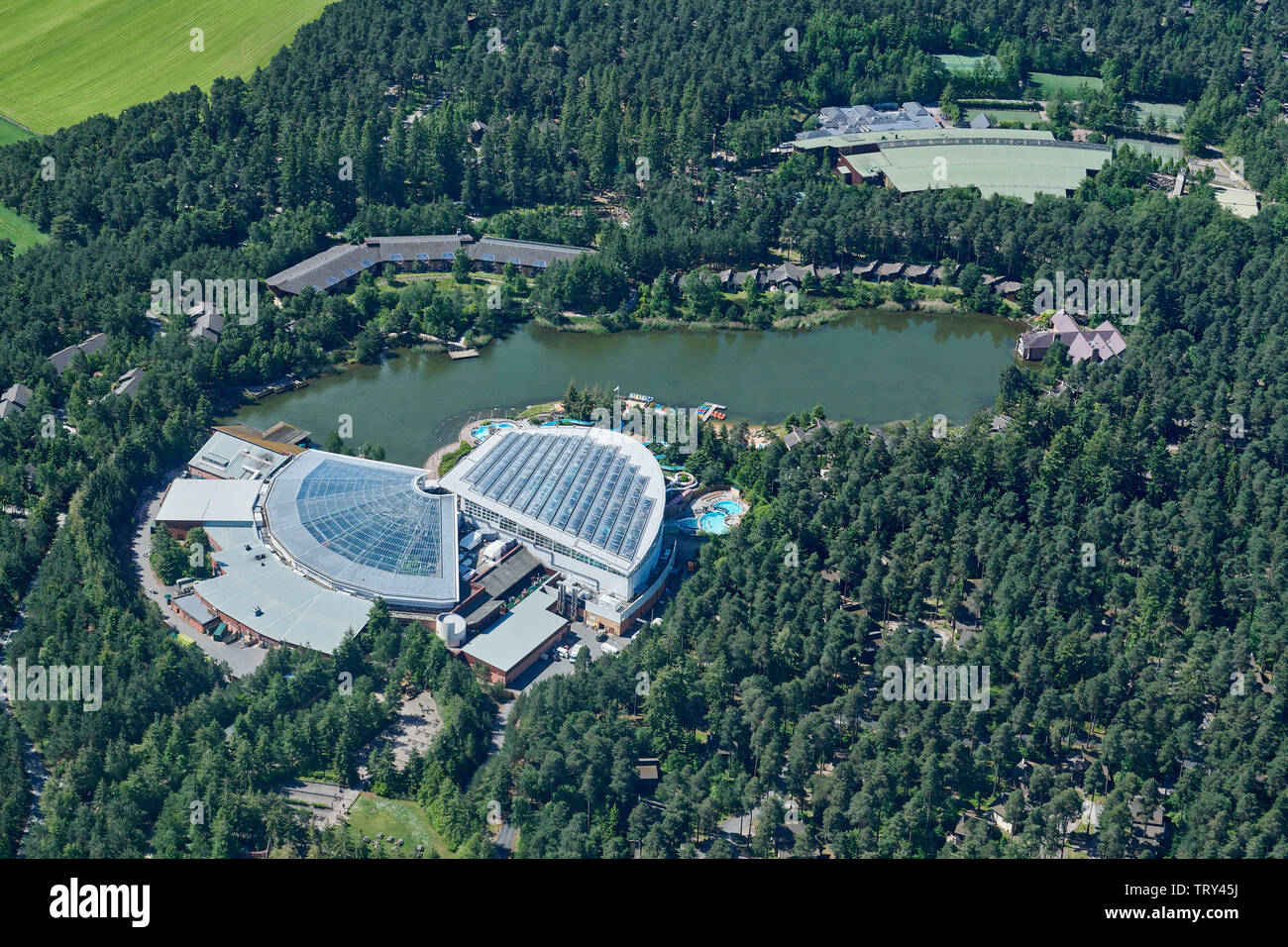 An aerial view of Centre Parcs Whinfell Forest, Penrith, Cumbria, North West England Stock Photo