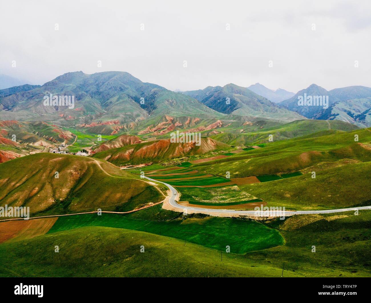 The midair view of Qilian Mountains. Stock Photo