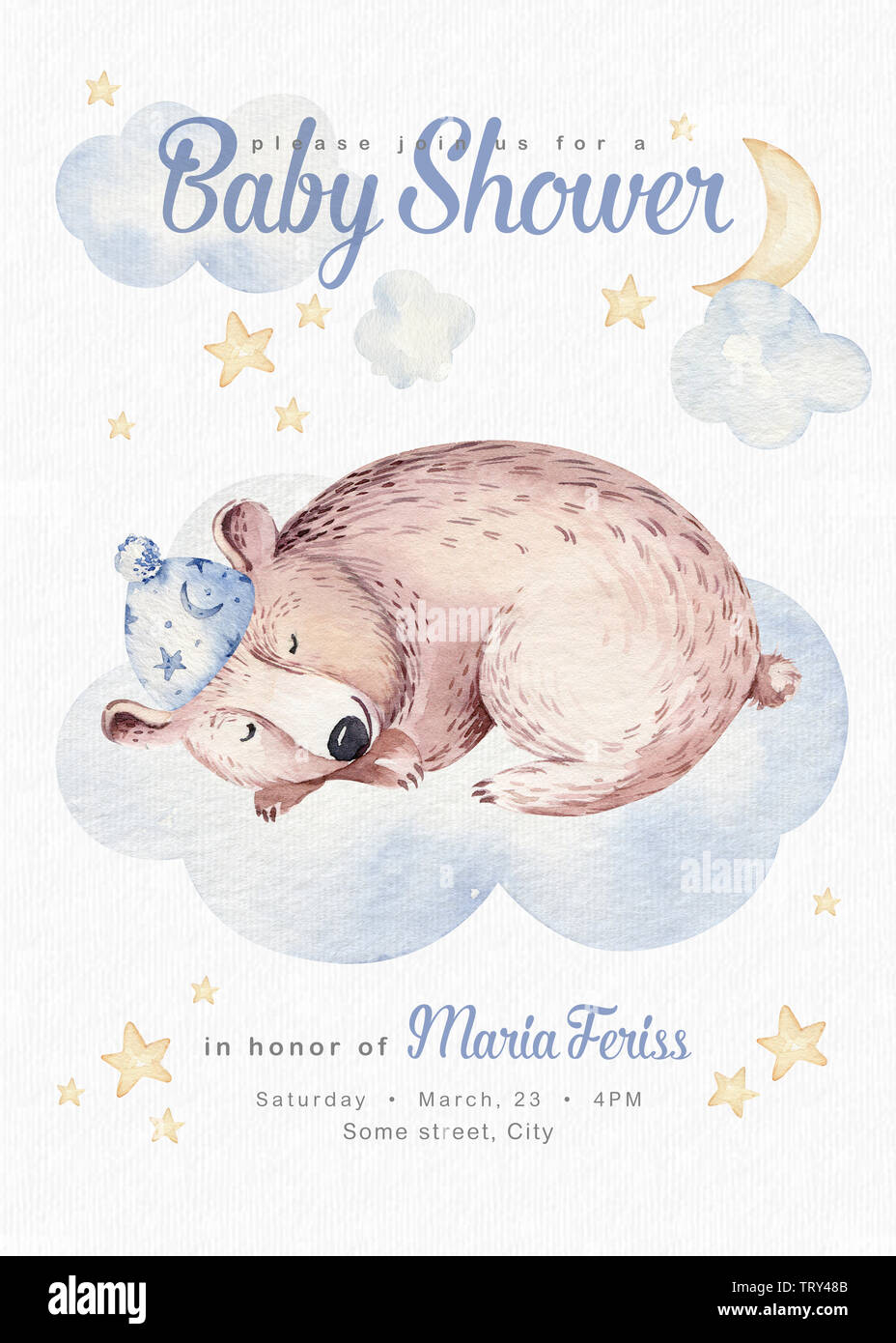 Cute dreaming cartoon bear animal hand drawn watercolor illustration ...