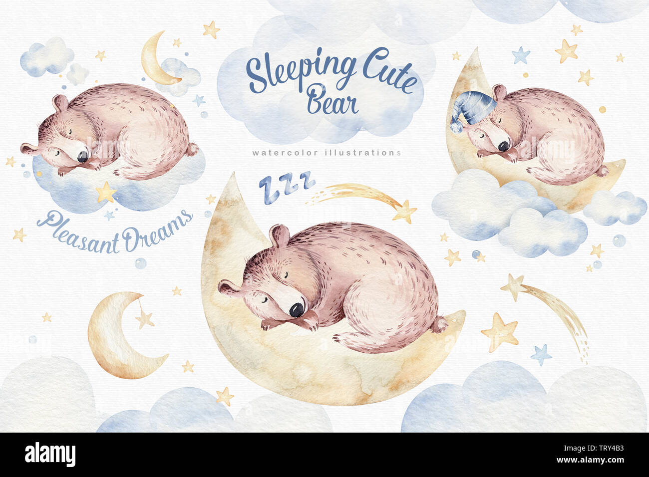 Cute dreaming cartoon animal hand drawn watercolor illustration ...