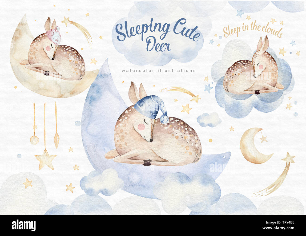 Cute dreaming cartoon deer animal hand drawn watercolor illustration ...