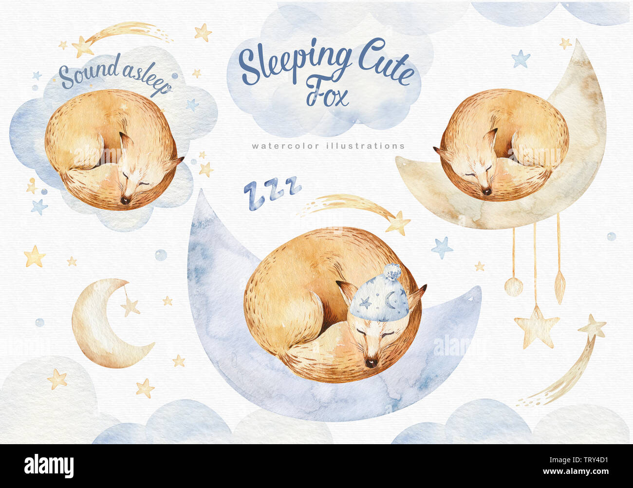 Cute dreaming cartoon fox animal hand drawn watercolor illustration ...