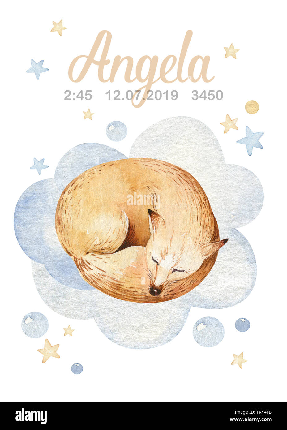 Cute dreaming cartoon animal hand drawn watercolor illustration. Can be ...