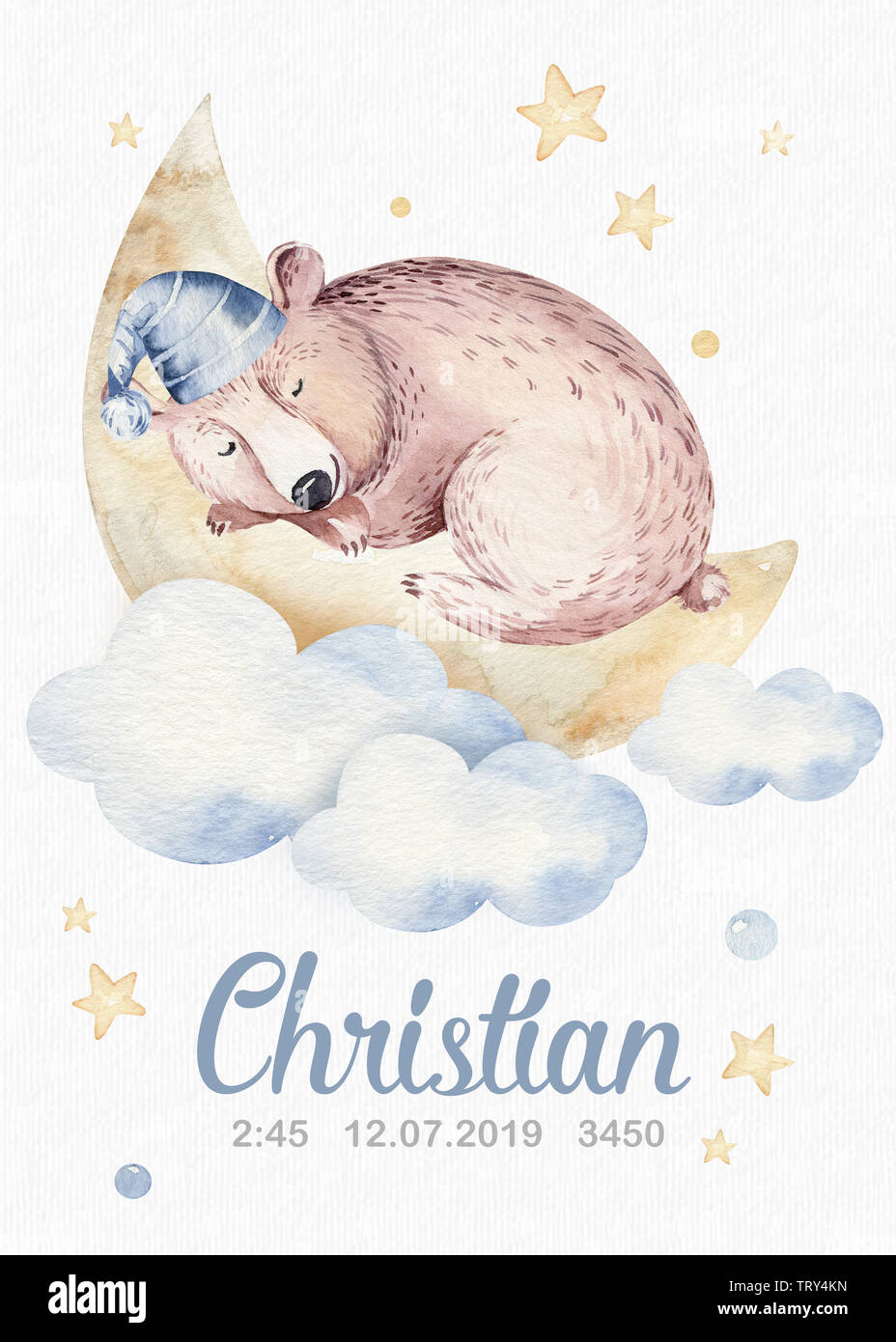 Cute dreaming cartoon bear animal hand drawn watercolor illustration ...