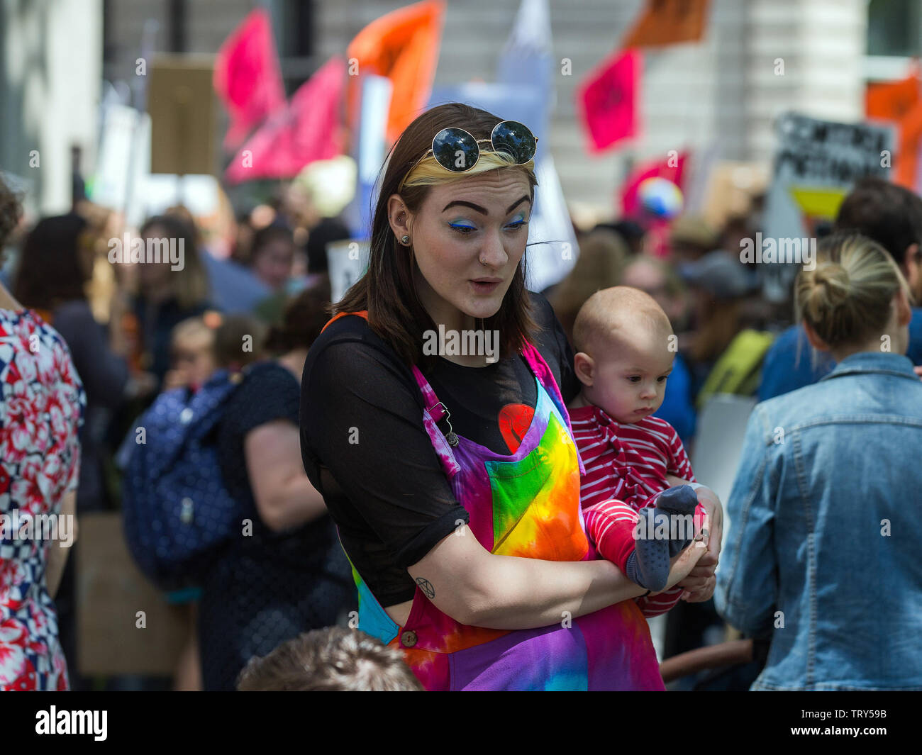 On International Mother's Day, climate campaigners Extinction Rebellion march from Hyde Park to Parliament Square demanding the Government take immediate, drastic action for a just transition to sustainable way of life. Featuring: Atmosphere, View Where: London, United Kingdom When: 12 May 2019 Credit: Wheatley/WENN Stock Photo