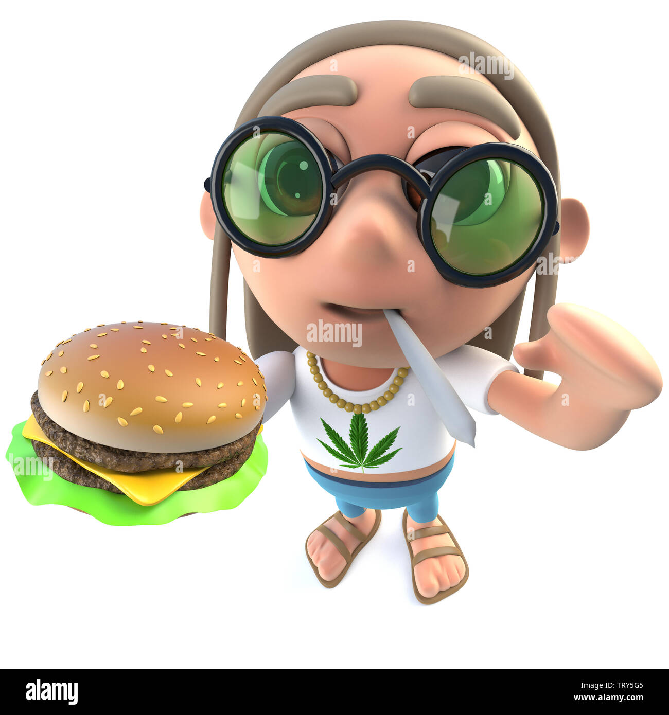 3d render of a funny cartoon hippy stoner character eating a cheese burger  Stock Photo - Alamy