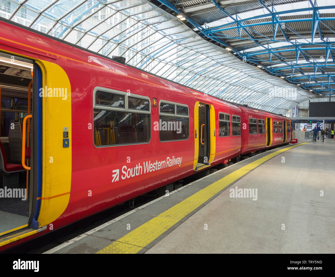 South Western Railway carriage at the former Eurostar Waterloo International Terminal, now reopened for passengers and Network Rail train services Stock Photo