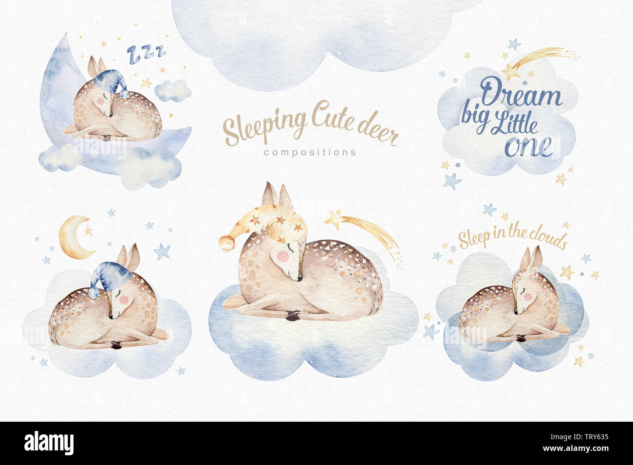 Cute dreaming cartoon deer animal hand drawn watercolor illustration ...