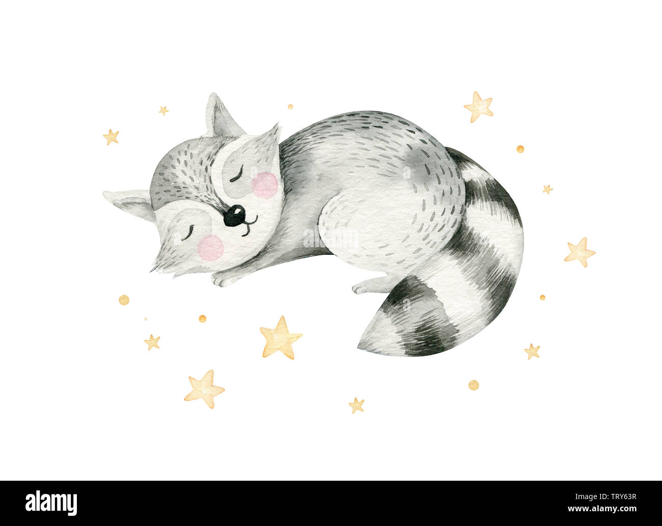Cute dreaming cartoon animal hand drawn watercolor illustration. Can be ...