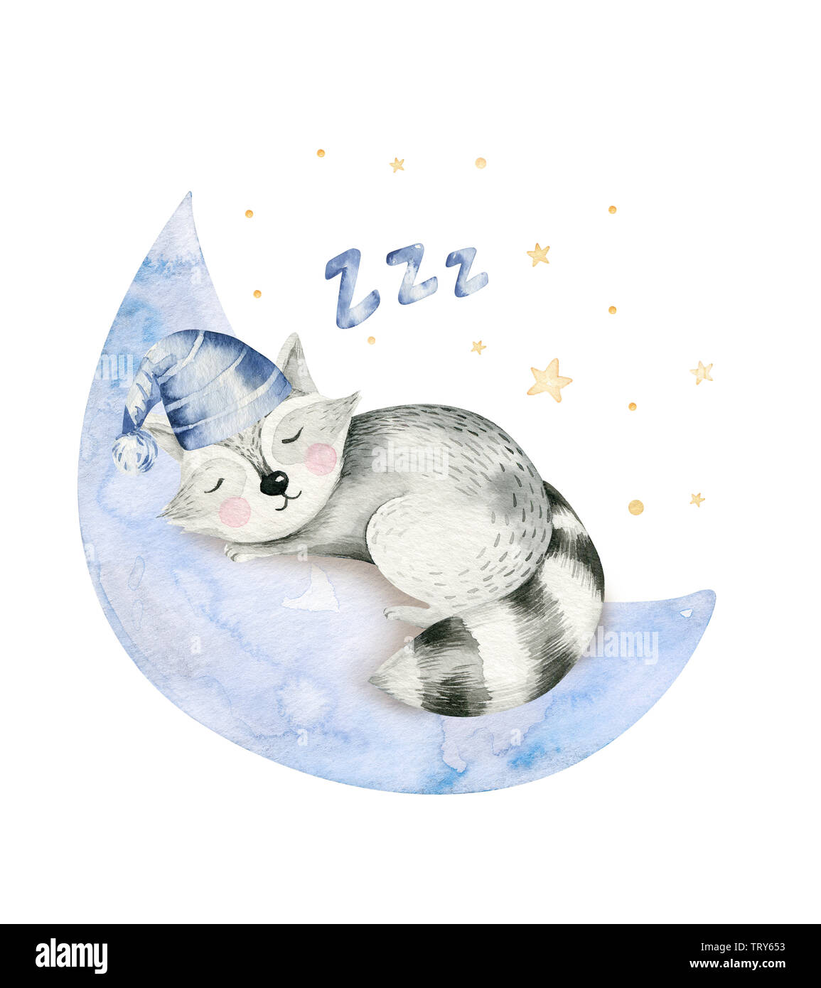 Cute dreaming cartoon animal hand drawn watercolor illustration. Can be ...